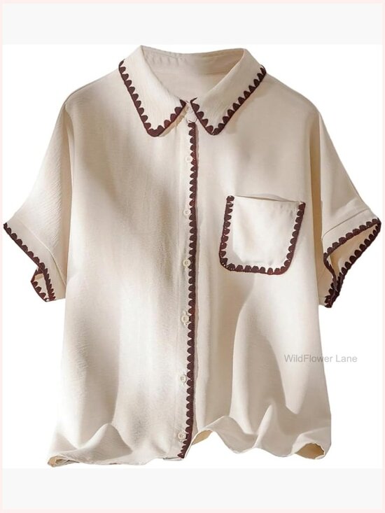 Tops - Plus Size Button Down Dressy Blouse Contrast Trim Work Top
